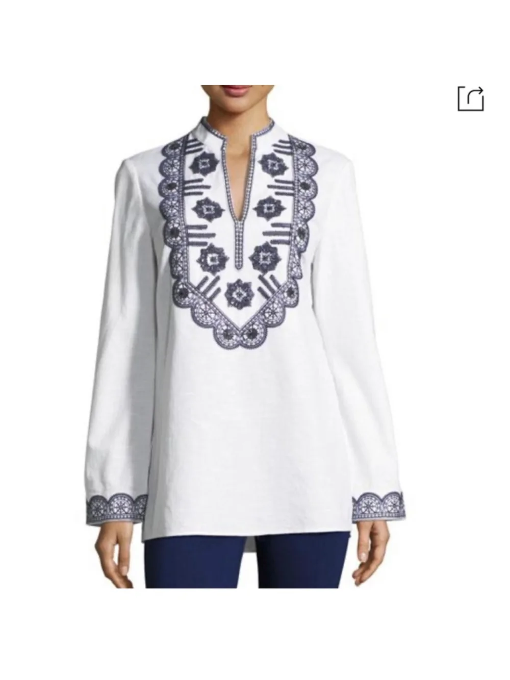 Tory Burch Richa Tunic Top Size 8 White Navy Blue Embroidered